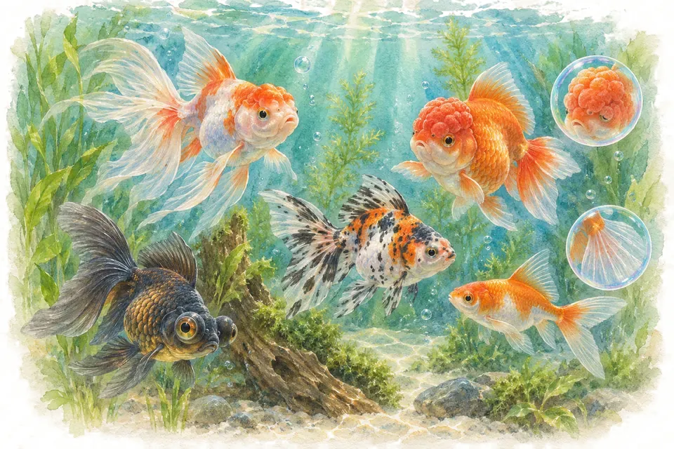 Planche aquarelle : Les variétés de poissons rouges, niveau confirmé.
