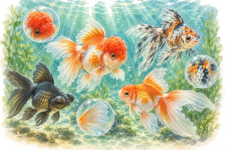 Planche aquarelle : Les variétés de poissons rouges, niveau expert.