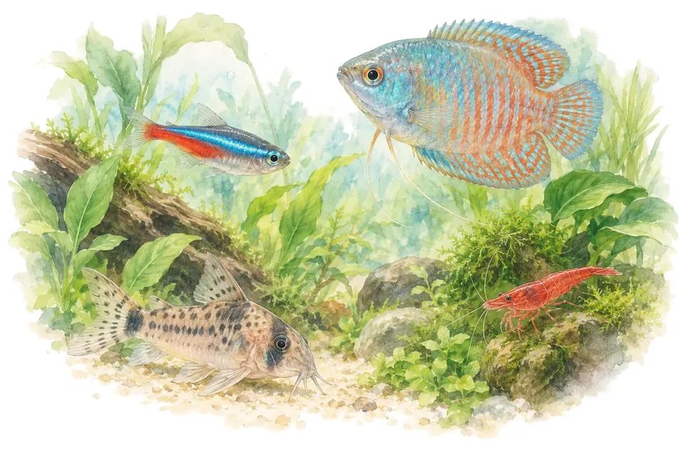 Planche aquarelle : un néon, un corydoras, un gourami nain et une crevette rouge.