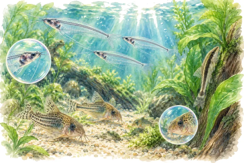 Planche aquarelle : Les poissons-chats d'aquarium (niveau confirmé).