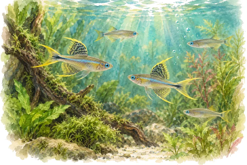Planche aquarelle : Pseudomugil furcatus : connaître les yeux bleus.