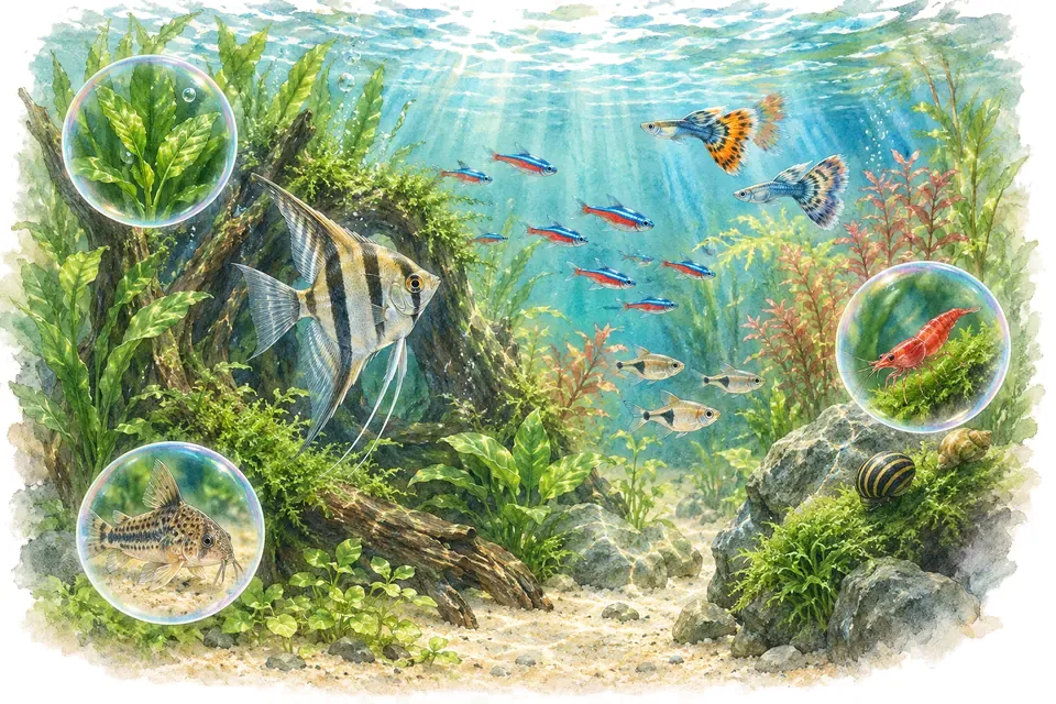 Planche aquarelle : Qui vit où dans l'aquarium ? (niveau confirmé).