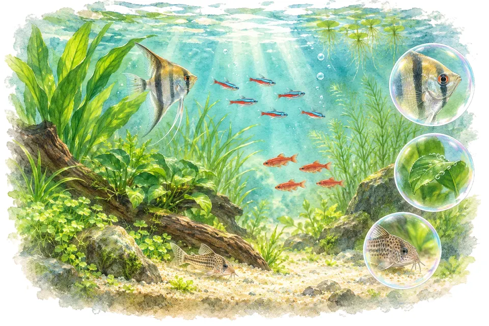 Planche aquarelle : Qui vit où dans l'aquarium ? (pour débuter).