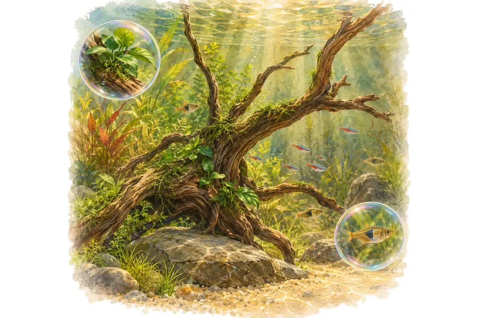 Planche aquarelle : racines et bois : préparer un décor durable.
