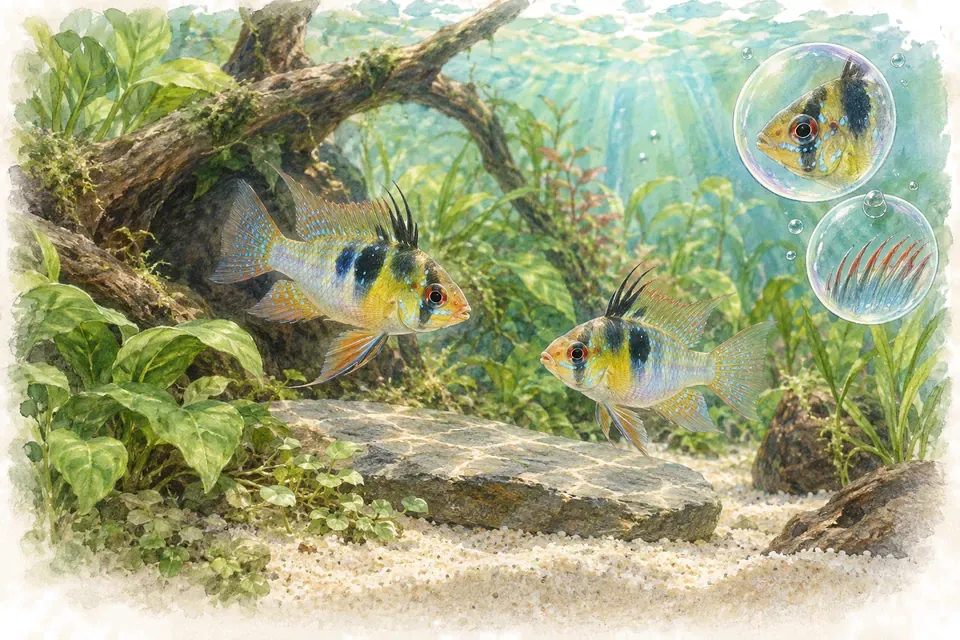 Planche aquarelle : ramirezi : préparer sa maintenance avec soin.