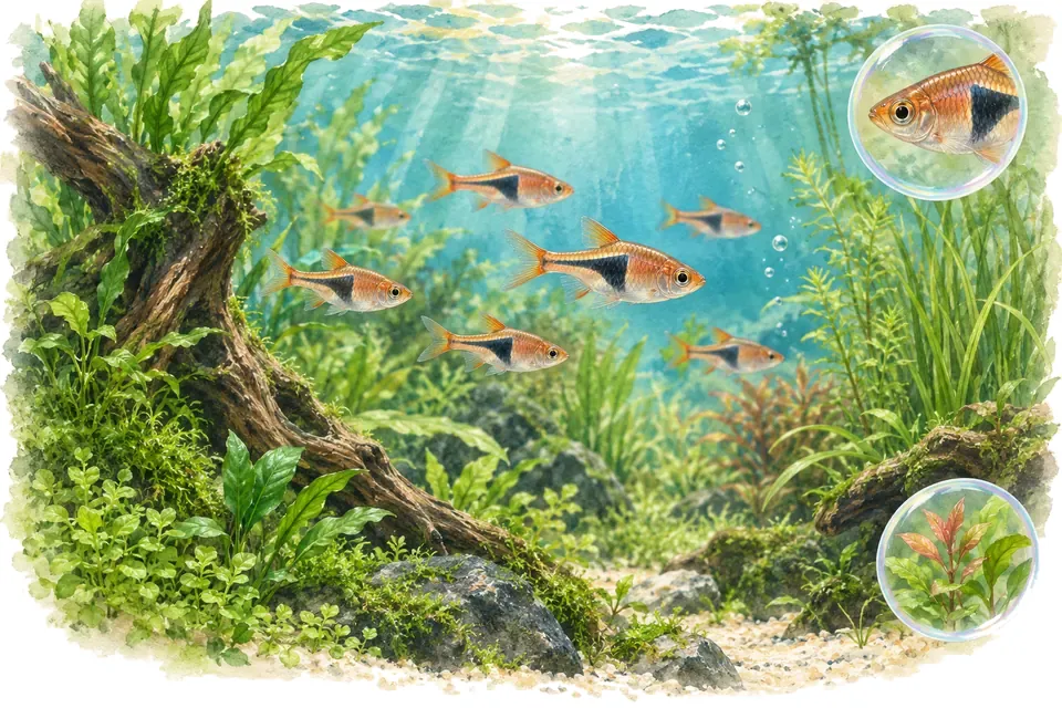 Planche aquarelle : rasbora arlequin : observer un banc.