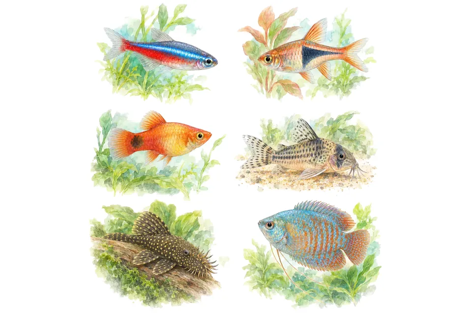 Planche aquarelle du quiz : Reconnaître les poissons d'aquarium.