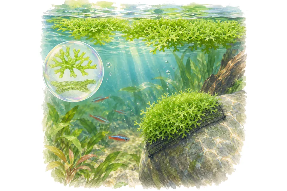 Planche aquarelle : Riccia fluitans : comprendre une plante flottante.