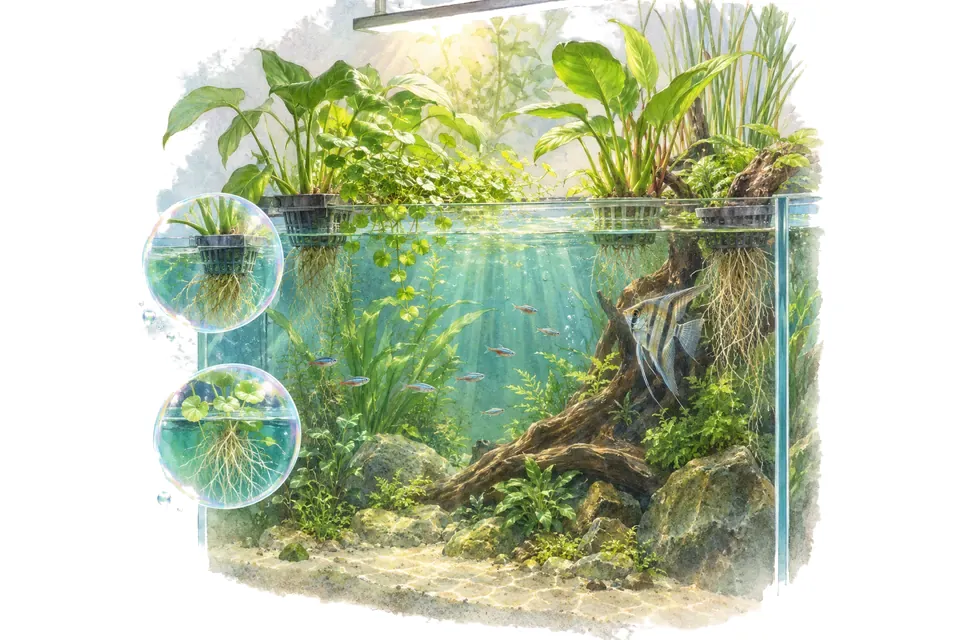 Planche aquarelle : riparium : installer des plantes de berge.