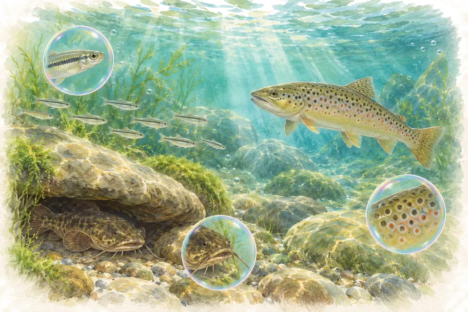 Planche aquarelle du quiz : Les poissons des rivières de France.