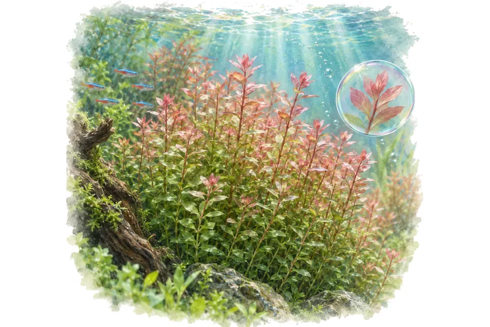 Planche aquarelle : Rotala rotundifolia : comprendre croissance et coloration.