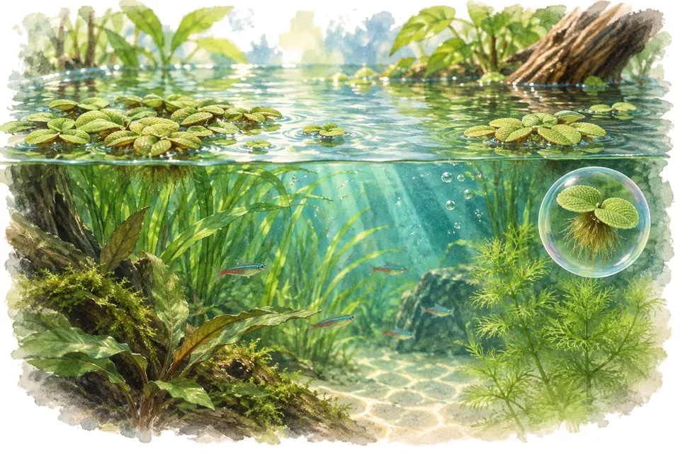 Planche aquarelle : Salvinia : gérer une couverture flottante.