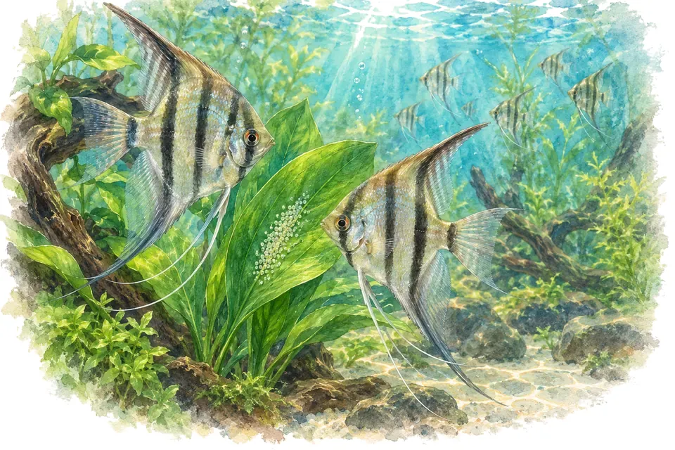 Planche aquarelle : scalaire : de l'achat du jeune poisson à la vie adulte.