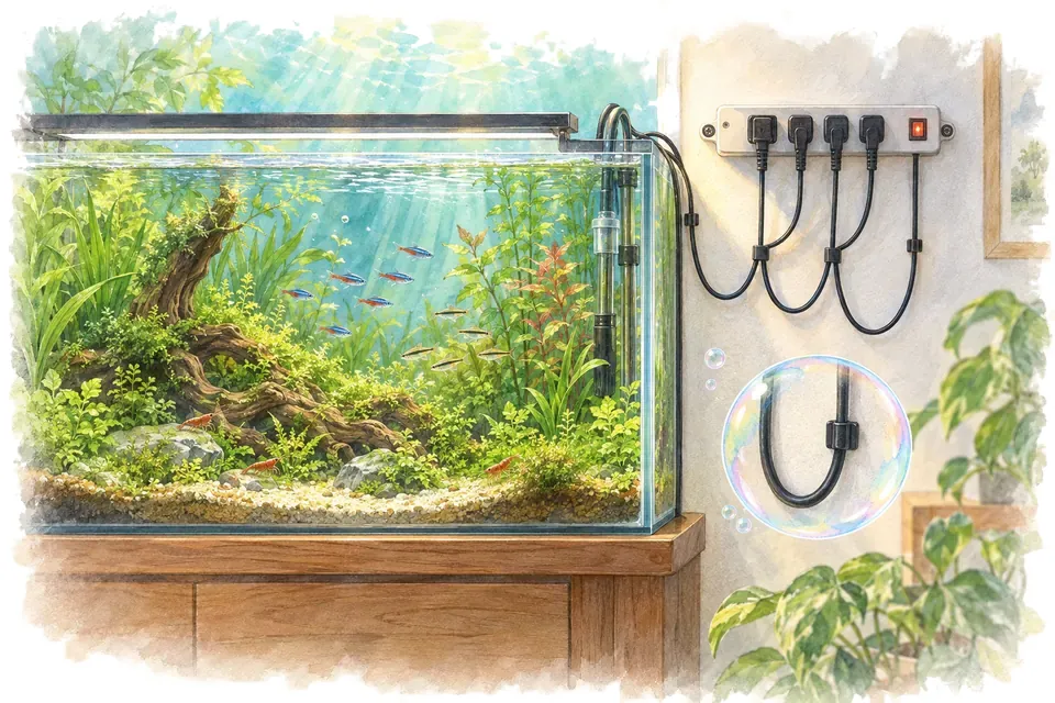 Planche aquarelle : sécurité électrique : organiser les branchements.