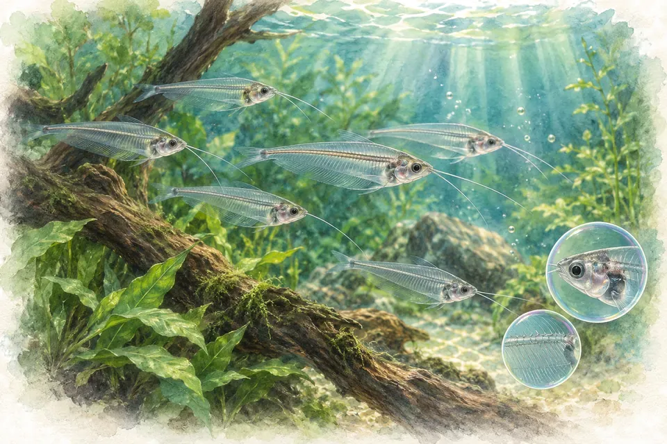 Planche aquarelle : silure de verre : connaître Kryptopterus vitreolus.
