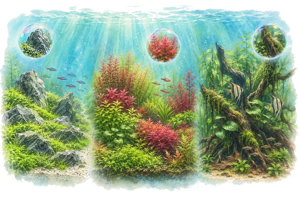 Planche aquarelle du quiz : Quiz : les styles d’aquascaping.