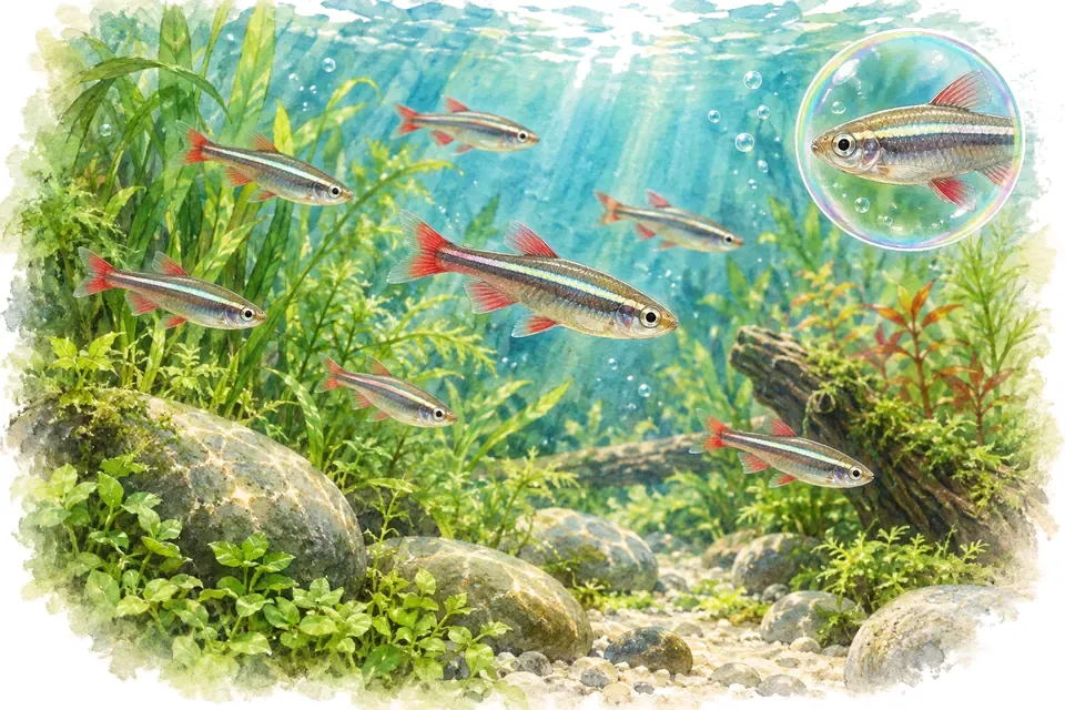 Planche aquarelle : Tanichthys albonubes : éviter les automatismes tropicaux.