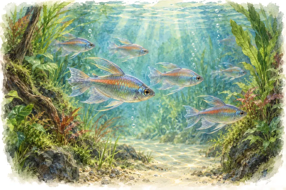 Planche aquarelle : tétra du Congo : accueillir Phenacogrammus interruptus.