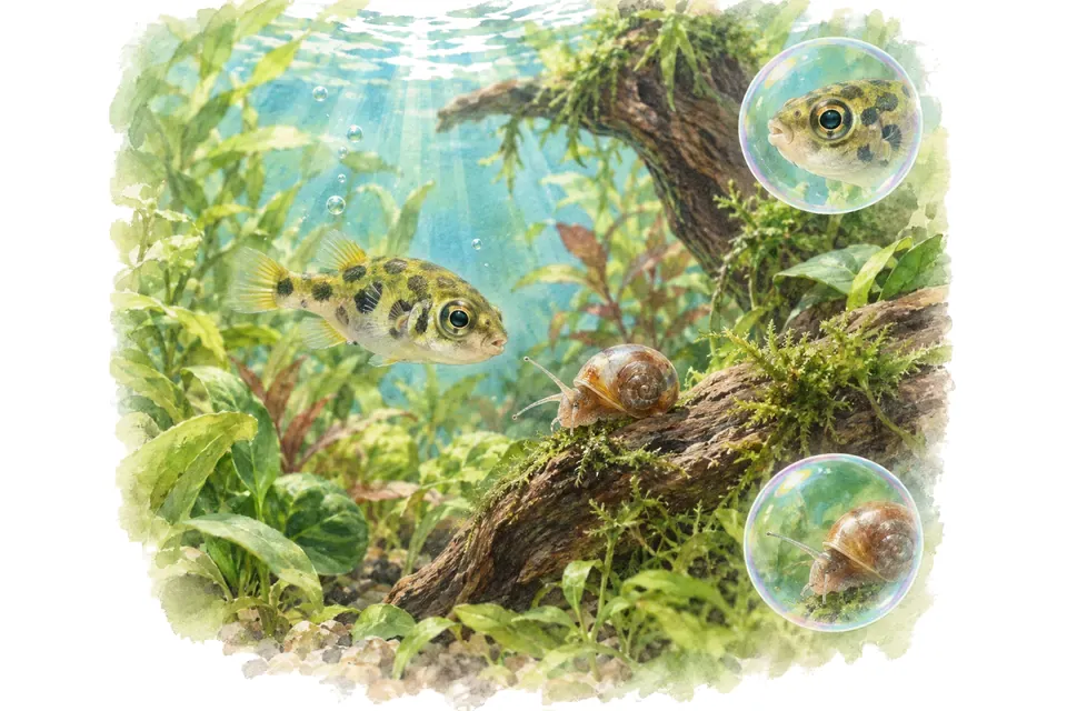 Planche aquarelle : tétraodon nain : anticiper alimentation et tempérament.