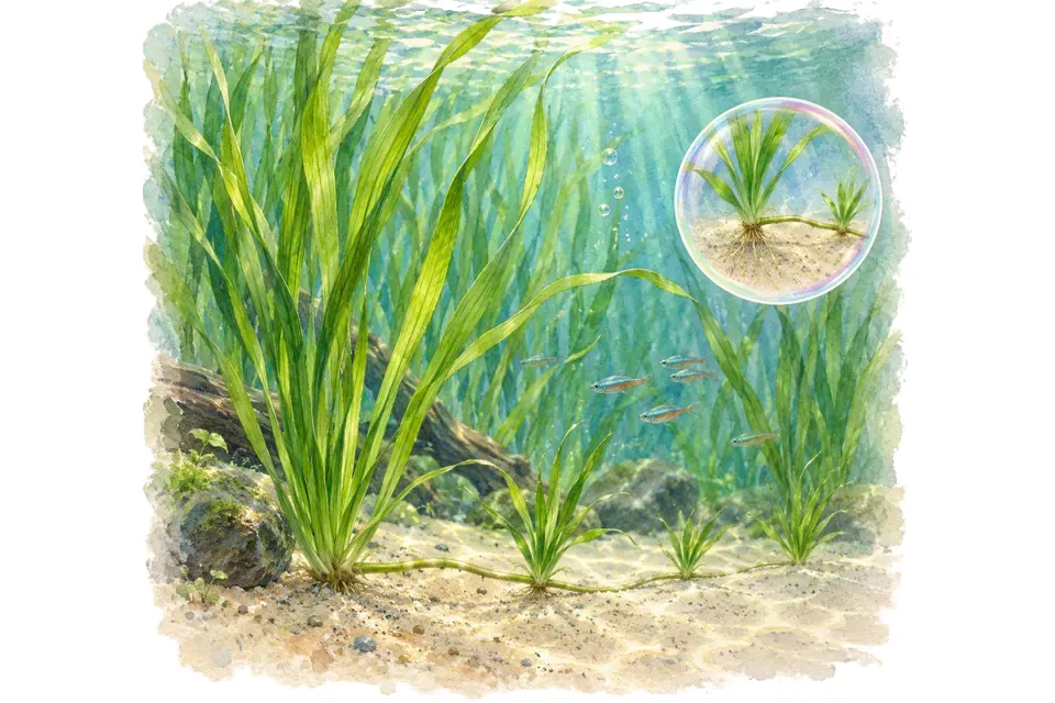 Planche aquarelle : Vallisneria : gérer les rubans et les stolons.