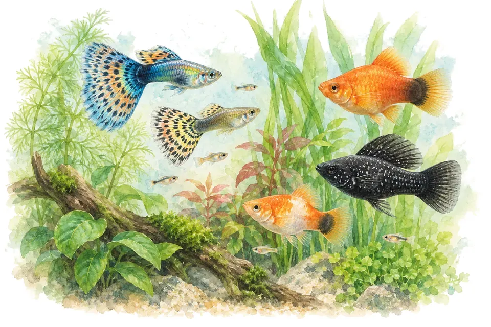 Planche aquarelle du quiz : Quiz : Guppys, platys, mollys, les vivipares.