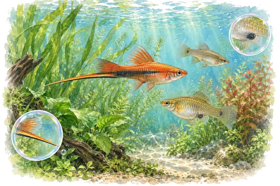 Planche aquarelle : xiphophore : connaître le porte-épée.