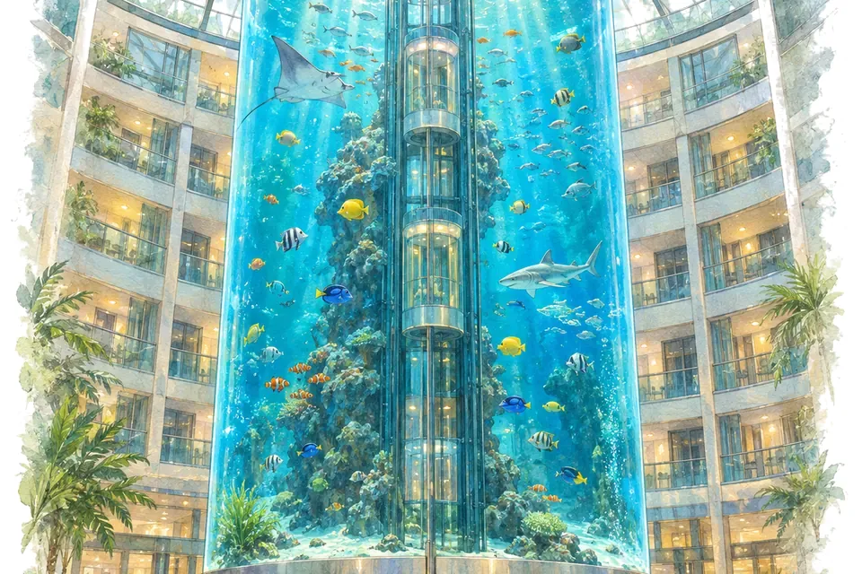Illustration aquarelle : AquaDom : l’histoire d’un aquarium cylindrique record aujourd’hui disparu.