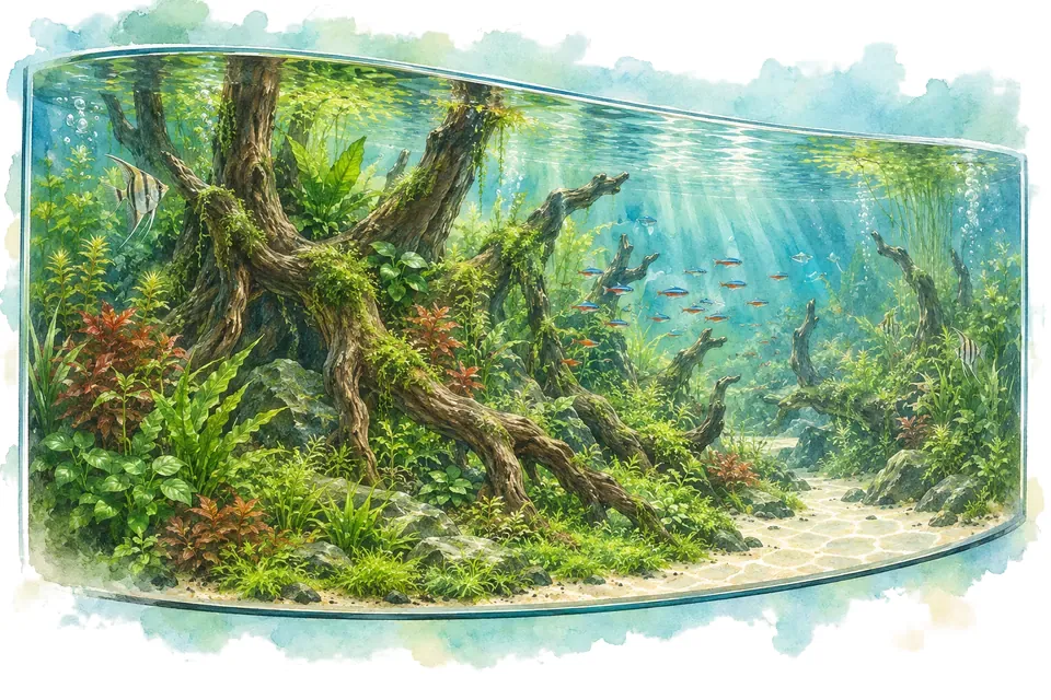 Illustration aquarelle : À Lisbonne, l’aquarium naturel géant conçu par Takashi Amano.