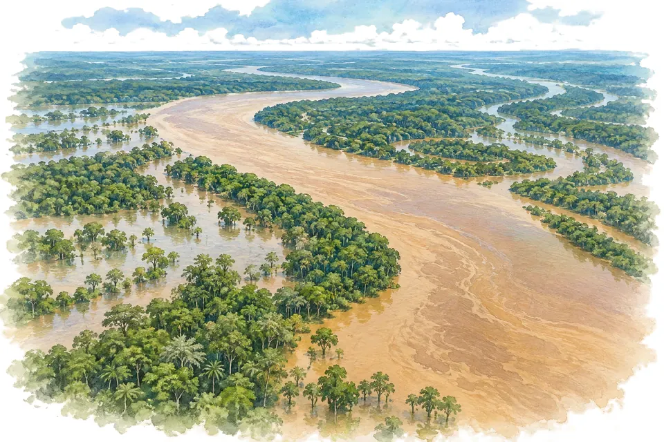 Illustration aquarelle : L’Amazone, le fleuve au plus grand débit moyen.