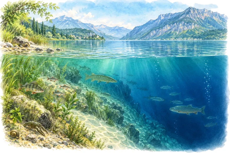 Illustration aquarelle : Le Bourget, le lac naturel le plus profond entièrement situé en France.