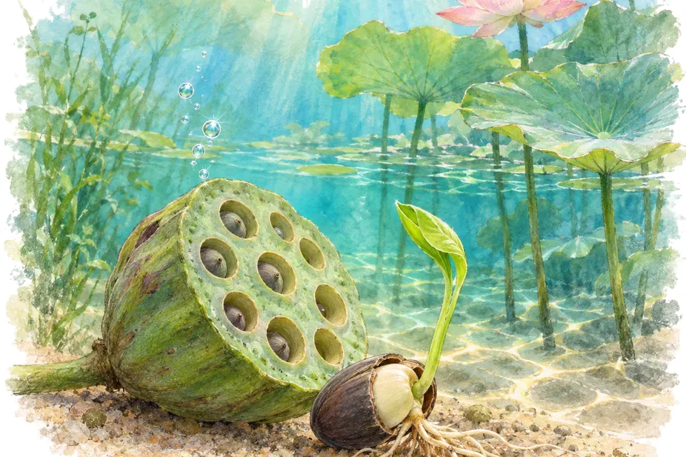 Illustration aquarelle : Lotus : une graine de plus d’un millénaire a germé.