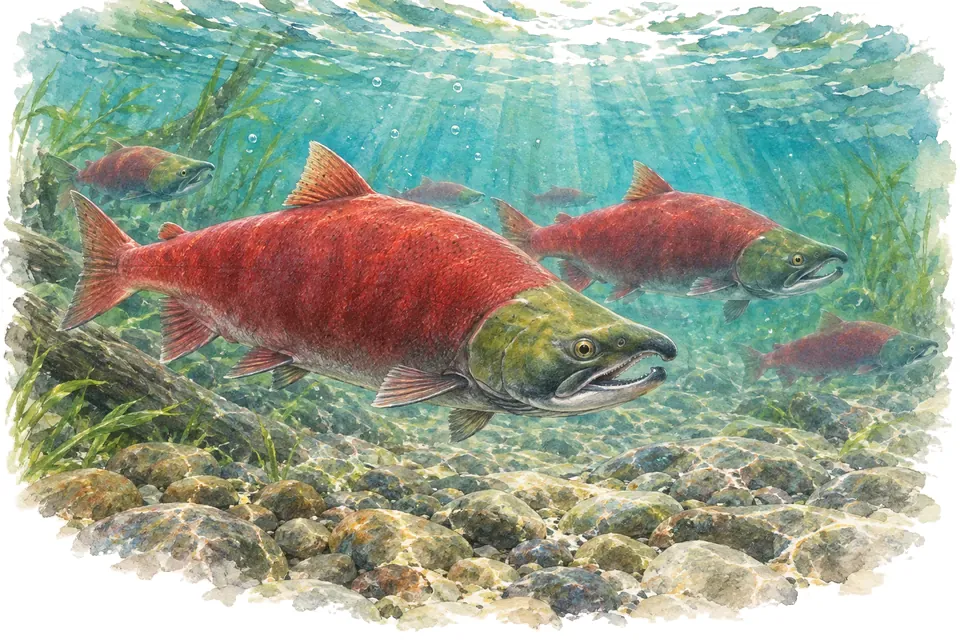 Illustration aquarelle : Bristol Bay : un retour côtier record de saumons rouges en 2022.