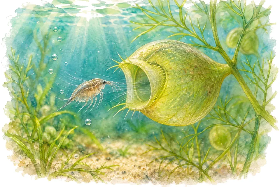 Illustration aquarelle : L’utriculaire : un piège aquatique parmi les mouvements végétaux les plus rapides.