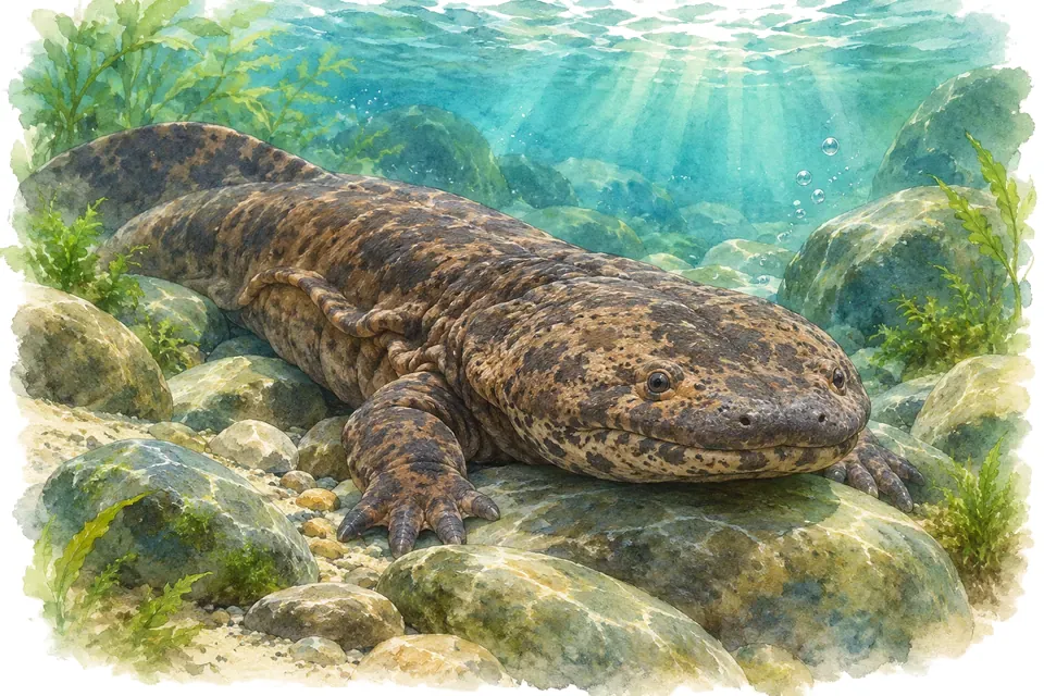 Illustration aquarelle : La salamandre géante : quel animal détient le record de taille des amphibiens ?