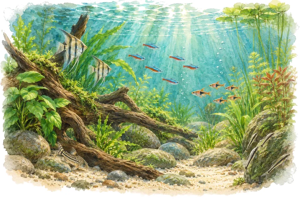 Illustration aquarelle : Aquatis : une revendication de plus grand aquarium-vivarium d’eau douce d’Europe.
