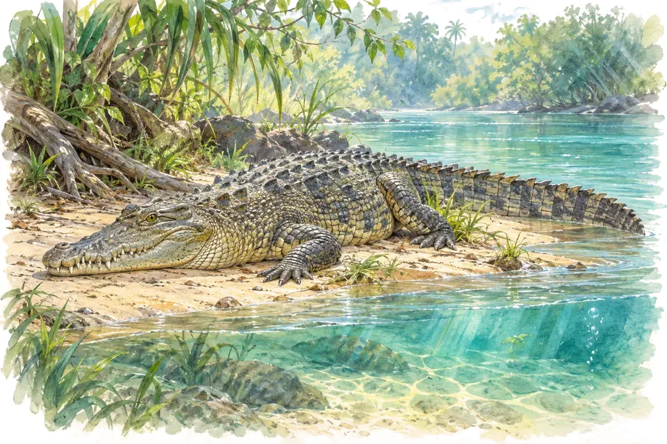 Illustration aquarelle : Lolong : un record historique du plus grand crocodile en captivité.