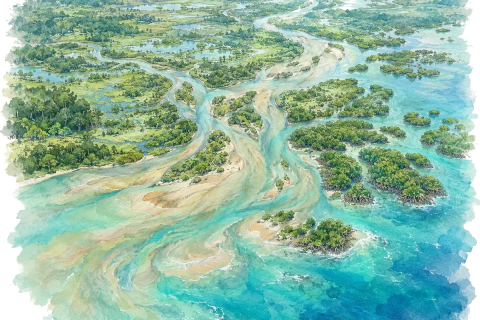 Illustration aquarelle : Le delta du Gange et du Brahmapoutre, généralement considéré comme le plus grand du monde.