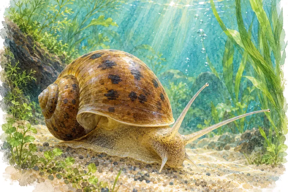 Illustration aquarelle : Pomacea maculata : un géant parmi les escargots d’eau douce.