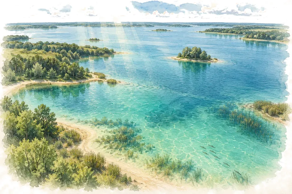 Illustration aquarelle : Le lac du Der, présenté comme le plus grand lac artificiel de France métropolitaine par sa superficie.
