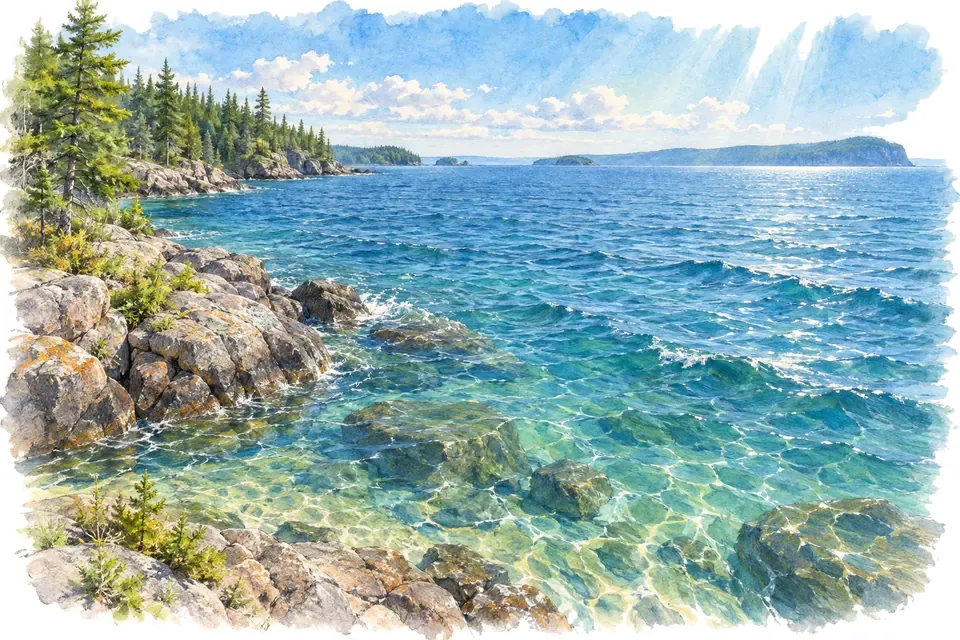 Illustration aquarelle : Le lac Supérieur : le plus grand lac d’eau douce par sa superficie.