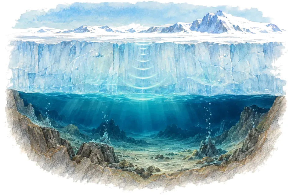 Illustration aquarelle : Vostok : le plus grand lac subglaciaire connu.