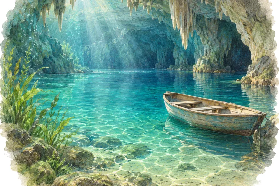 Illustration aquarelle : Saint-Léonard : un lac présenté comme le plus grand lac souterrain naturel navigable d’Europe.
