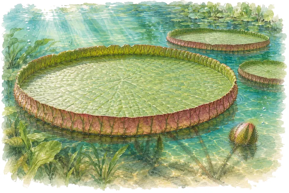 Illustration aquarelle : Victoria boliviana : un diamètre de feuille exceptionnel.