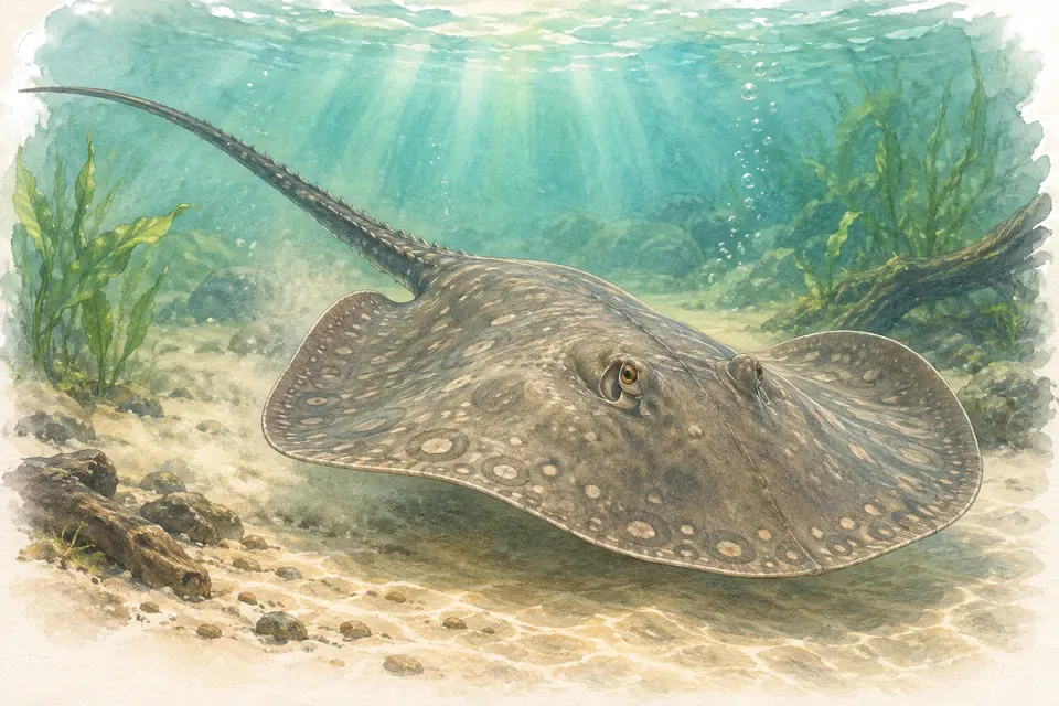 Illustration aquarelle : La raie du Mékong pesée à 300 kg en 2022.
