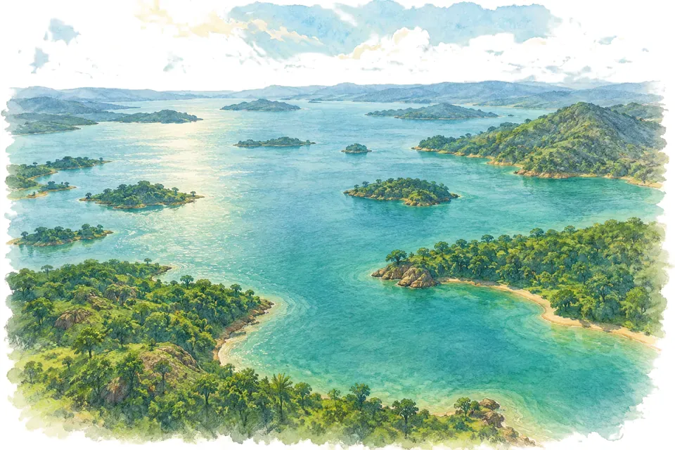 Illustration aquarelle : Le lac Volta : le record de superficie d’un réservoir.