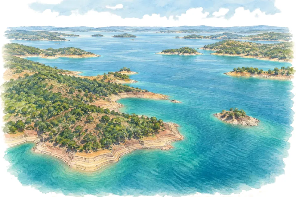 Illustration aquarelle : Le lac Kariba : comprendre la capacité d’un grand réservoir.