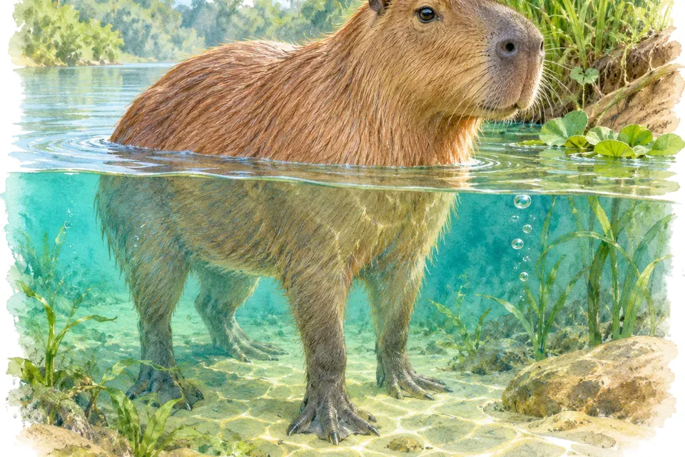 Illustration aquarelle : Le capybara, le plus grand rongeur actuel et un habitué de l’eau douce.