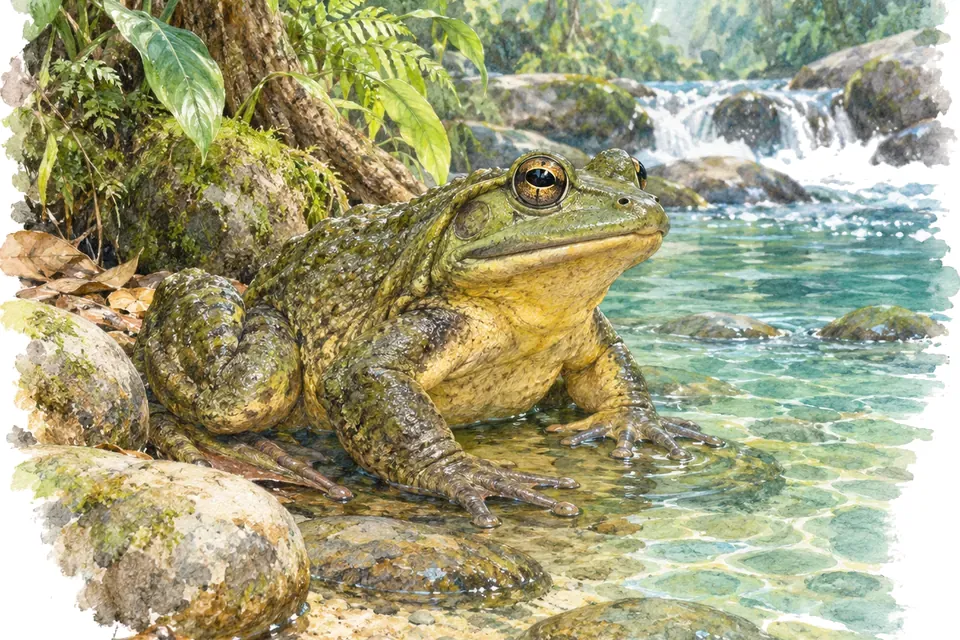 Illustration aquarelle : La grenouille goliath, la plus grande grenouille vivante connue.