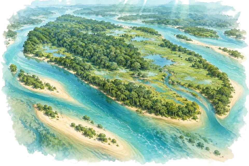 Illustration aquarelle : Bananal : une île souvent citée comme la plus grande île fluviale.