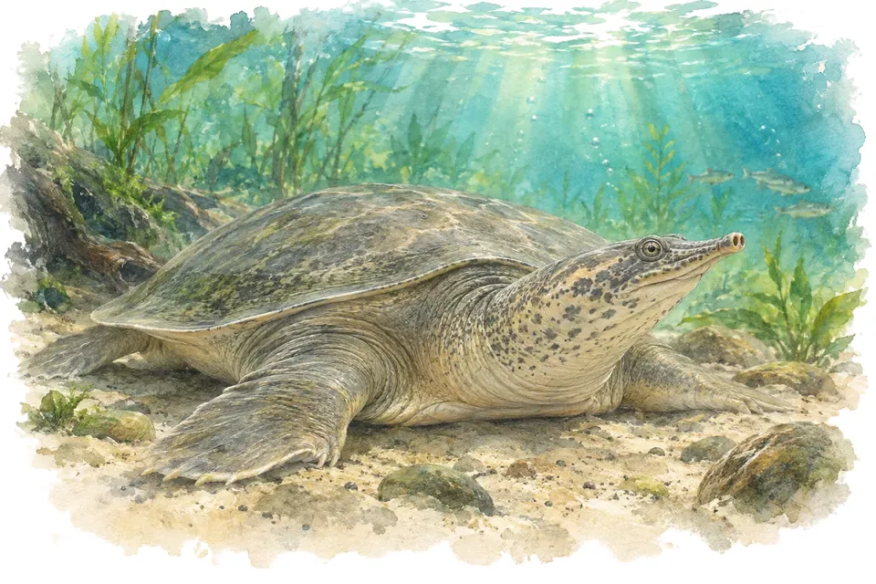 Illustration aquarelle : La tortue géante du Yangtsé : une grande tortue d’eau douce menacée d’extinction.